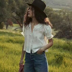 Doen Collared Lace Contrasting Puff Sleeve Blouse XS